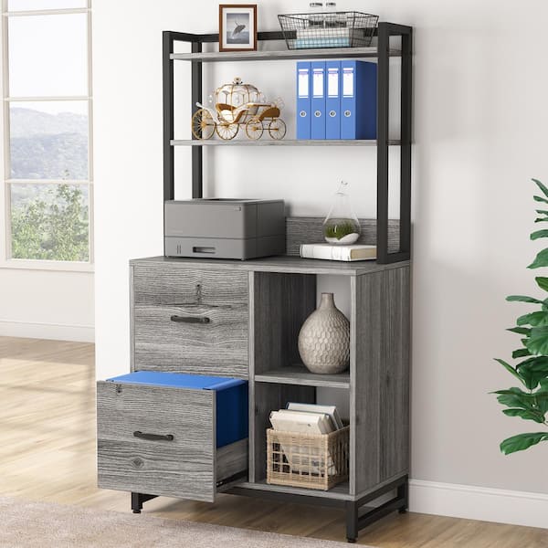 BYBLIGHT Atencio 2-Drawer Gray Engineered Wood 27.6 in.W Vertical File Cabinet for Letter Size with Open Storage Shelves