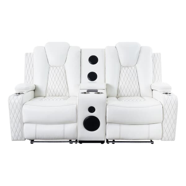 HOMESTOCK Home Theater Seating, Movie Theater Chairs, Power Recliner Loveseat with 6 Cupholders and Tray Air Leather in White