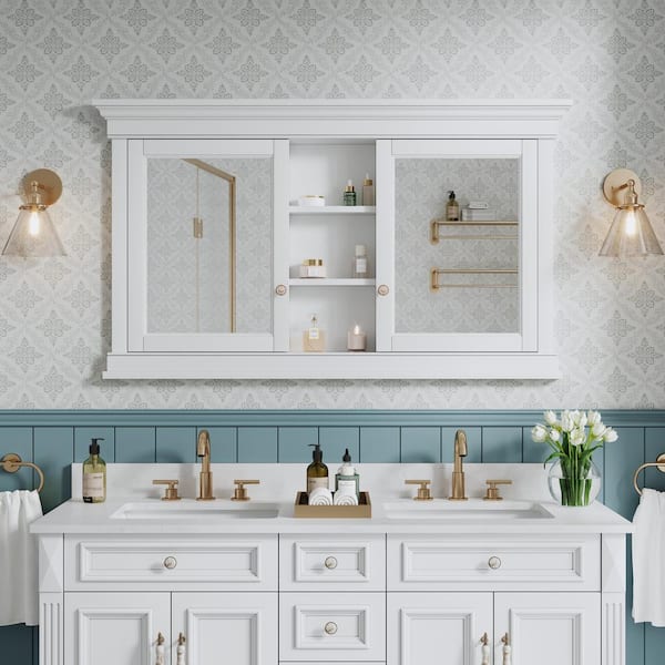 55 in. W x 32 in. H Rectangular Recessed Solid Wood Bathroom Medicine Cabinet with Mirror, Bi-View Glass Door Blum Hinge