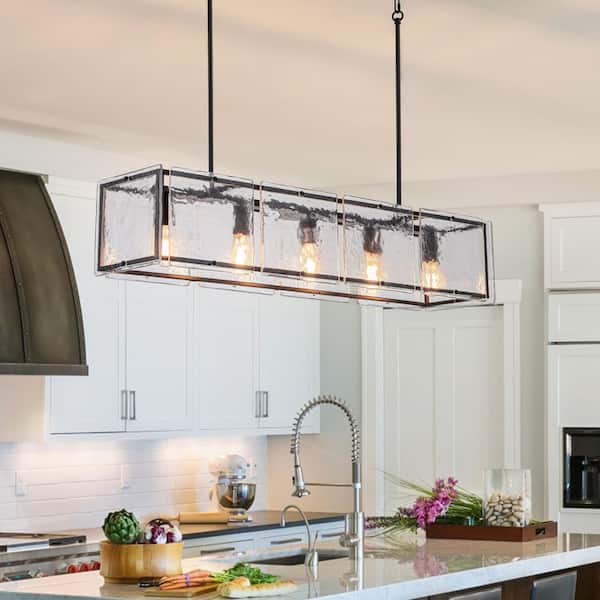 Dvorakova 39.37 in. 5-Light Black Rectangle Dimmable Chandelier with Textured Glass Shade