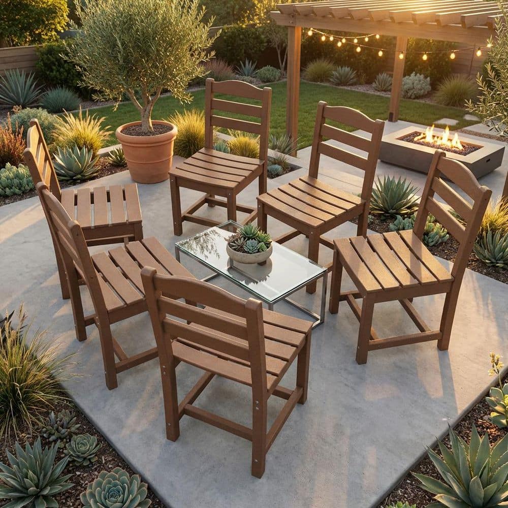 Modern HDPE Outdoor Dining Chair Set of 6 in Brown Armless All-Weather Patio Chairs with UV Protection for Garden, Deck price history on PriceWatchPro
