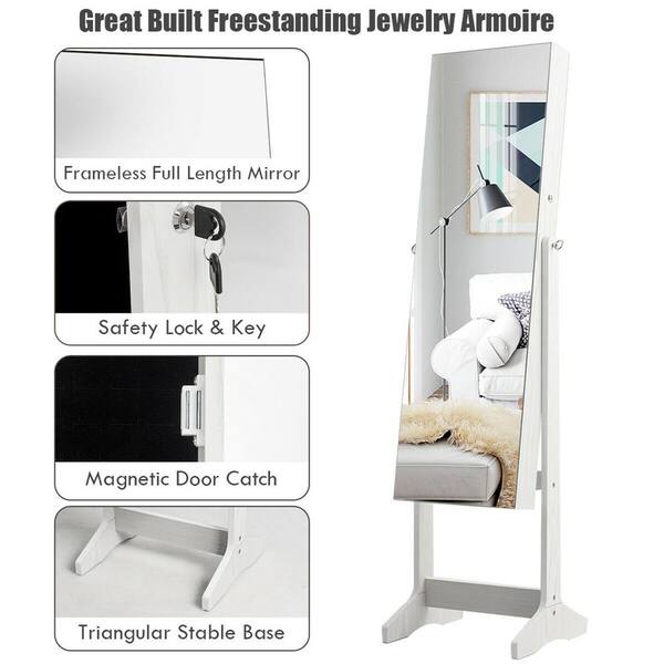 White Dressing Mirror Jewelry Cabinet Armoire Organizer Storage Box Floor Stand