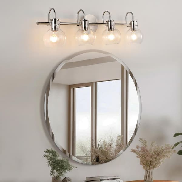 28.5 in. 4-Light Nickel Bathroom Vanity Light with Clear Glass Shade for Bathroom Modern Wall Sconce