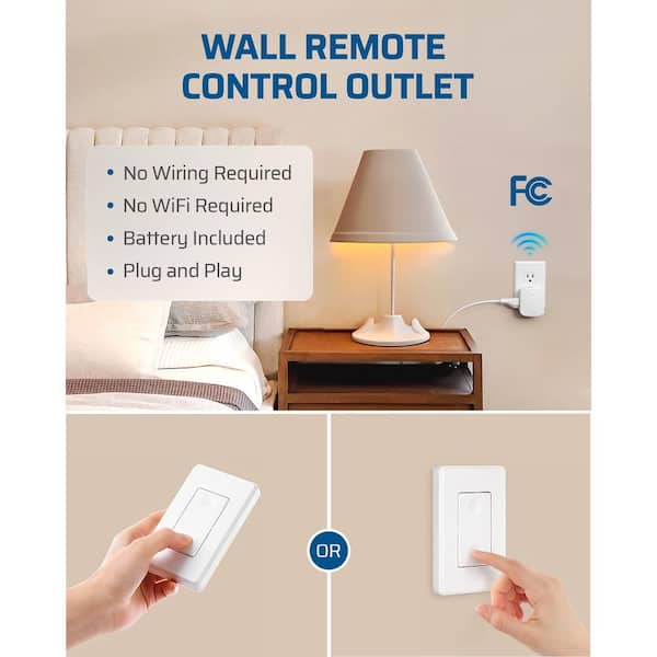 Wireless Remote Wall Switch and Outlet, 100 ft. RF Range, Compact Side Plug, (1 Outlet and 2 Remotes)
