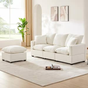 84 in. Straight Arm Chenille L-Shape Sectional Sofa in White with 2 Pillows, 1 Ottoman, Freely Combinable Seats