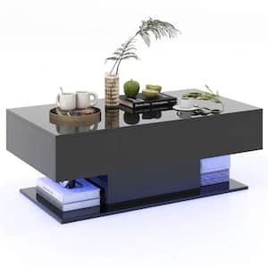 43.5 in. Black Rectangle Wood Coffee Table with 2-Drawers 20-Color Dimmable LED Lights and Remote Control