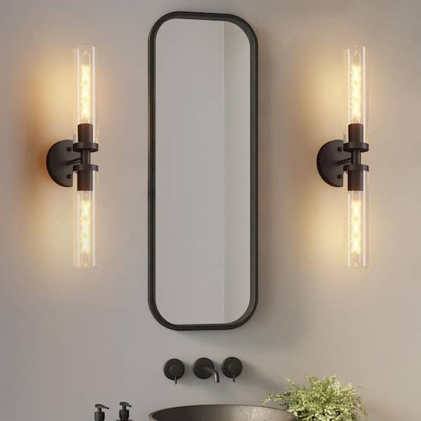 2-light Black Clear Glass Wall Sconces Set of 2, Modern Sconces Wall Decor for Bathroom Mirror Hallway