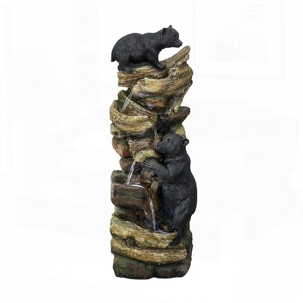 39. 3in. H Resin 5-Tier Outdoor Garden Tiered Fountain with Bears Climbing Tree Design and LED Lights for Patio and Yard