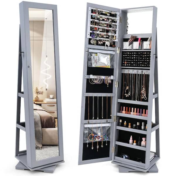 360° Rotatable Jewelry Cabinet Armoire 2-in-1 Lockable Mirrored Gray