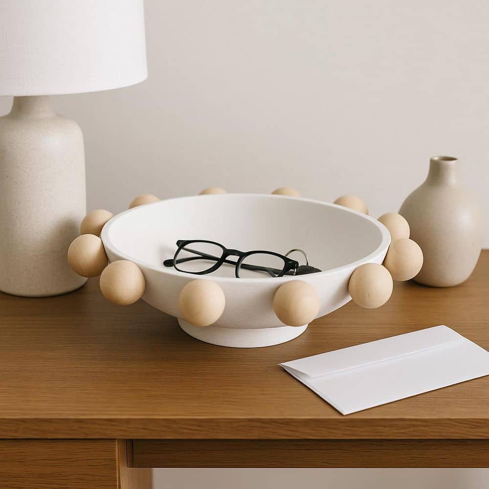 White 13 in. x 4.25 in. Wood Novelty Decorative Bowl with Large Knobs