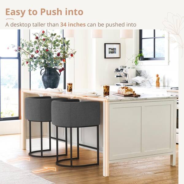 26 in. Dark Gray and Black Low Back Bar Stool with Metal Frame Counter Height Linen Fabric Counter Stool(Set of 3)