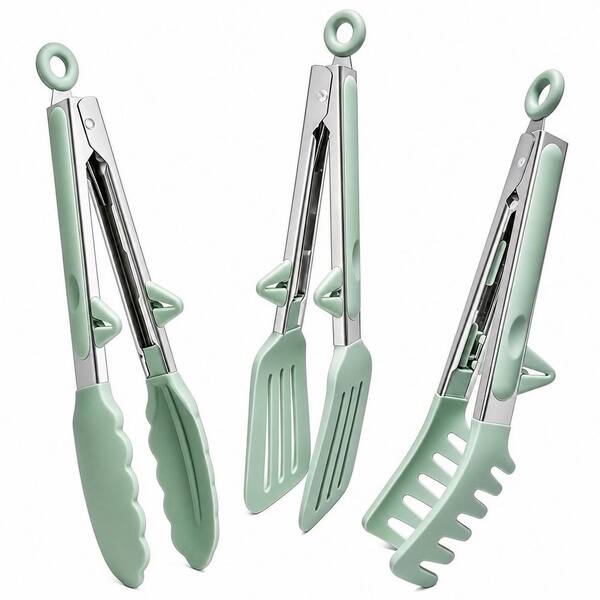 9 Inch Small Silicone Kitchen Tongs Set of 3, Mini Serving Tongs with Silicone Tips for Cooking, Green