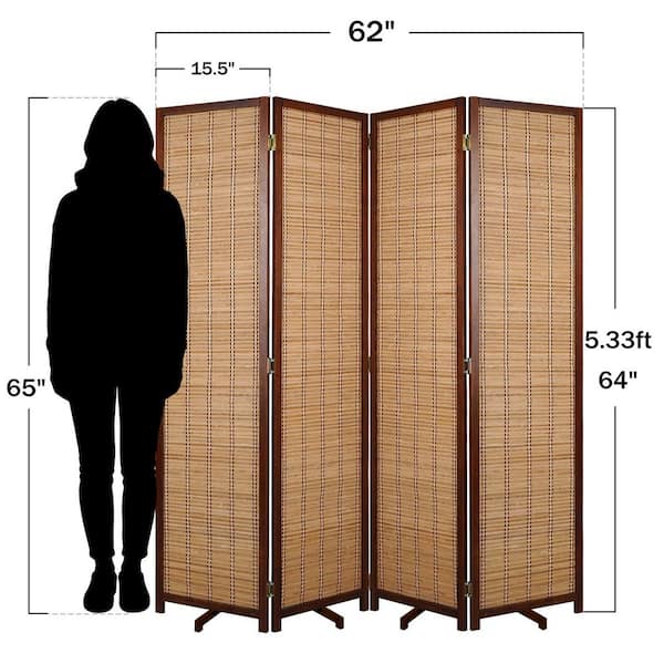 61 in. W x 64 in. H Brown Bamboo Room Divider Screen, Natural Weave Privacy Partition Indoor Outdoor (4-Pieces)