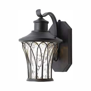 Avia Falls 12.13 in. Black Dusk to Dawn Small LED Outdoor Wall Light Fixture Sconce with Clear Water Glass