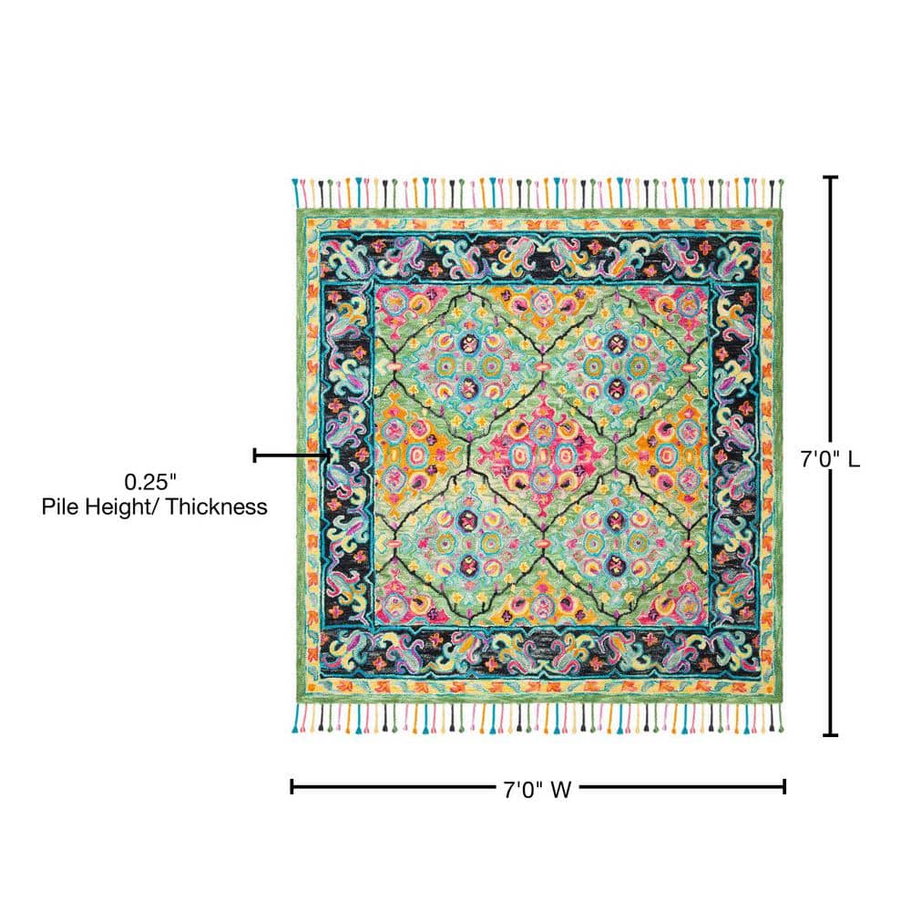 Black Floral Tufted Wool Square Rug - Easy Care, Handmade