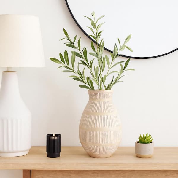 15.75 in. Ivory Ceramic Organic with Lines Decorative Vase