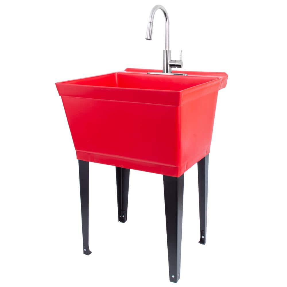 TEHILA 22.875 in. x 23.5 in. Thermoplastic Freestanding Red Utility Sink Set with Metal Hybrid