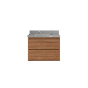 Madison Float 30 in. W x 22 in. D x 36 in. H Single Sink Bath Vanity Center Dark Natural with 2 in. Piatra Gray Qt. Top