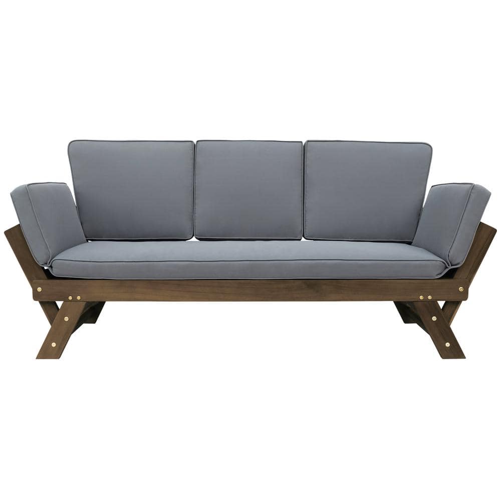 Adjustable Patio Wood Outdoor Day Bed Sofa Chaise Lounge with Gray Cushions