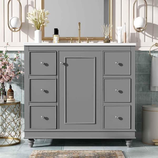 36 in. W Single Sink Freestanding Bath Vanity in Gray with White Ceramic Top, 4-Drawers and Adjustable Shelves
