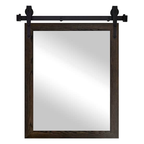 (33 in. W x 44 in. H) Ebony Oak Hardwood Mirror with Steel Barndoor Rail