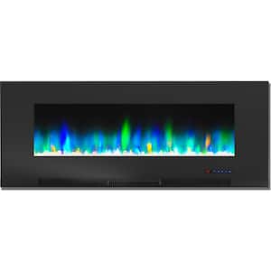 50 in. Wall-Mount Electric Fireplace in Black with Multi-Color Flames and Crystal Rock Display