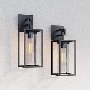 Sedona 16 in. Outdoor Black Wall Sconce Porch Lantern with Open Iron Frame and Cylinder Glass Shade, Set of 2