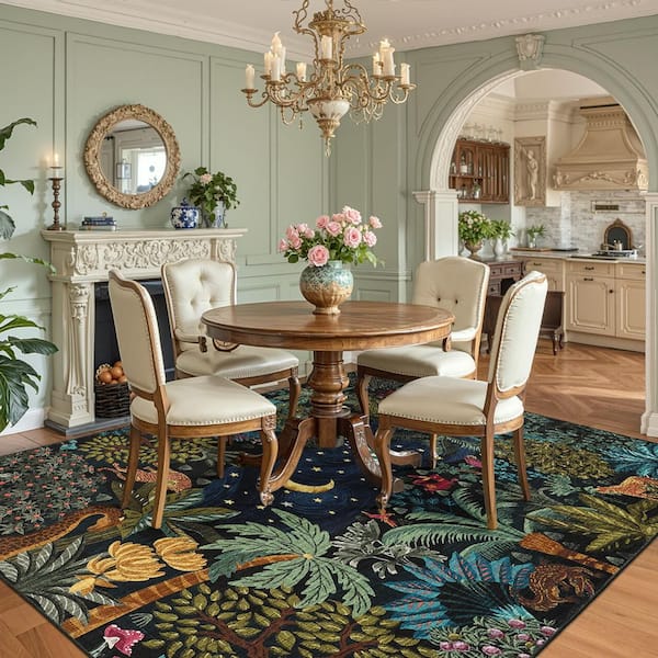 Blue 9 ft. x 12 ft. Washable Jungle Botanical Print Rug Soft and