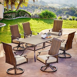 Rhone Valley 7-Piece Wicker Motion Outdoor Dining Set with Tan Cushions