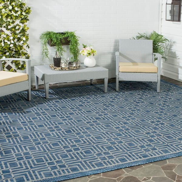 Courtyard Navy/Gray 9 ft. x 12 ft. Geometric Indoor/Outdoor Patio  Area Rug