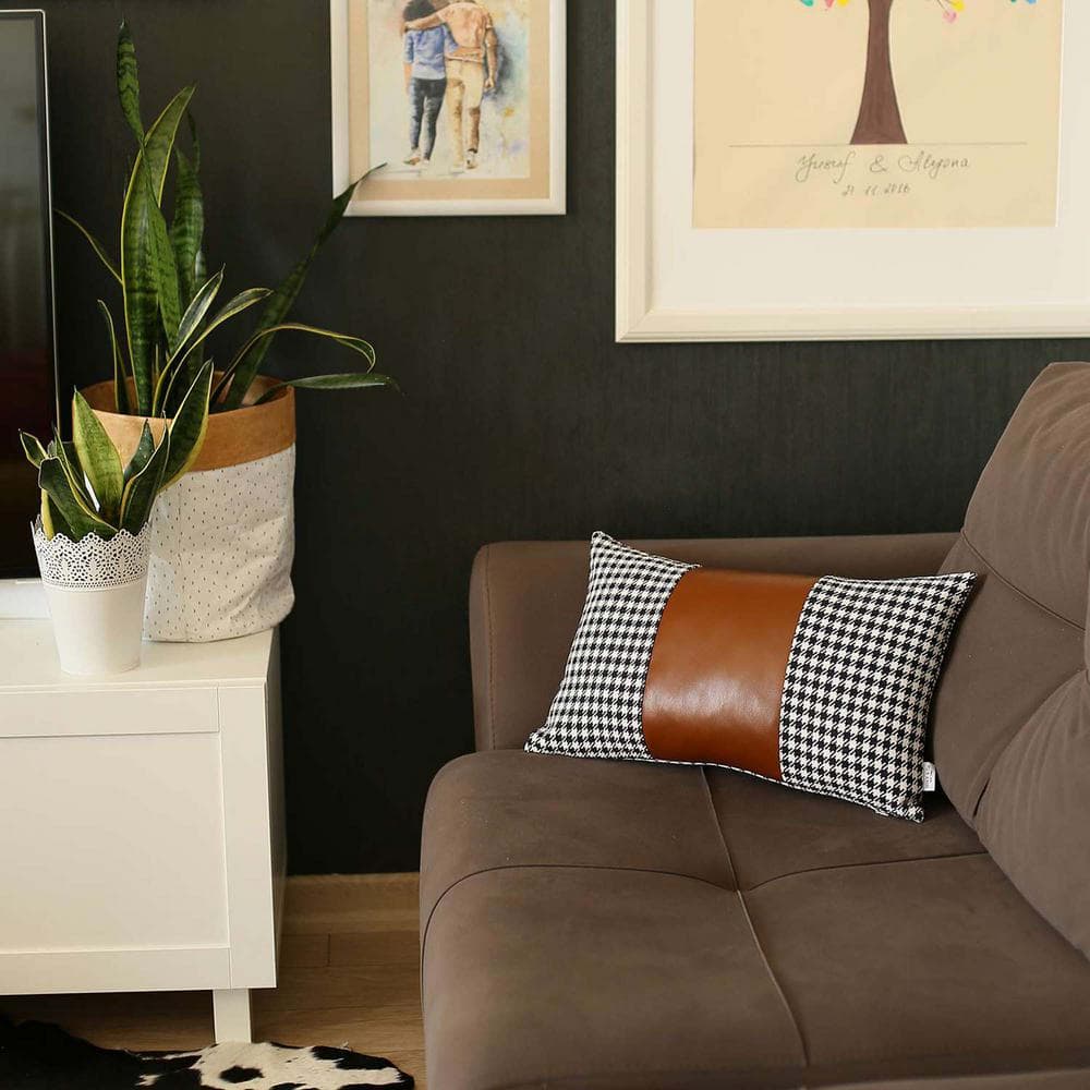 Boho-Chic Black and Brown Vegan Faux Leather Houndstooth Lumbar Pillow Cover