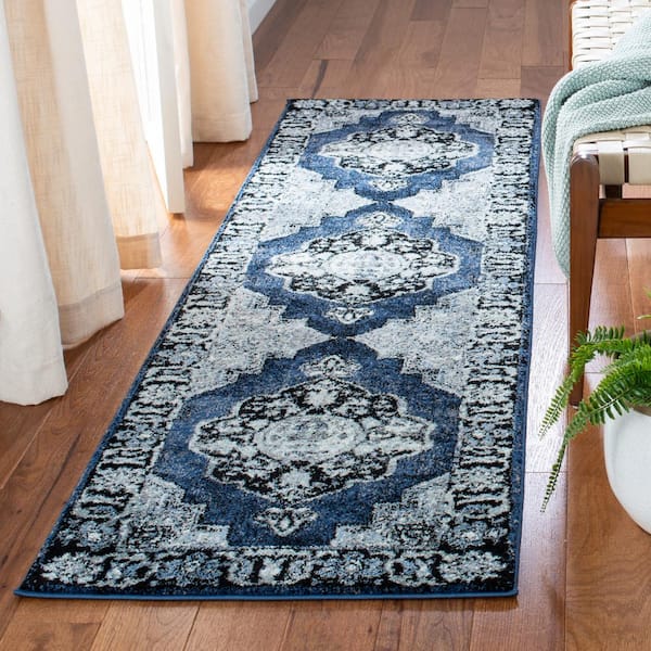 Vintage Hamadan Blue/Gray 2 ft. x 10 ft. Border Medallion Runner Rug