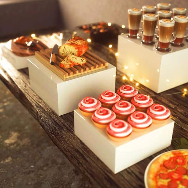 4-Tier White Acrylic Cake Stand with Mini Signs, Stackable Buffet Risers for Food Display, Dessert, (Set of 4)