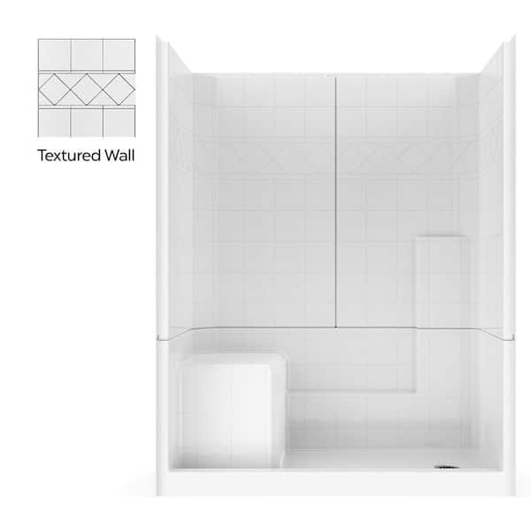 Basic 60 in. x 33 in. x 77 in. AcrylX 3-Piece Shower Kit with Shower Wall and Shower Pan in White, LHS Seat, Right Drain