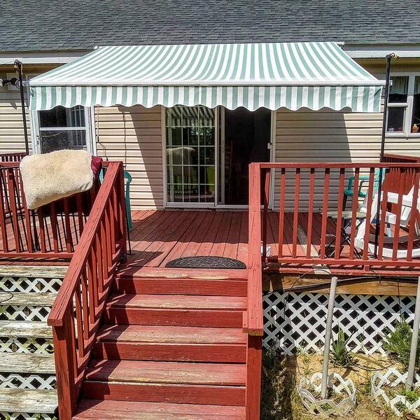 Aleko 12 Ft Manual Patio Retractable Awning 120 In Projection In Green And White Stripes Aw12x10gwstr00 Hd The Home Depot