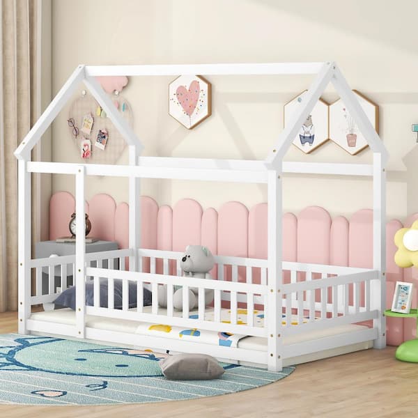 URTR Twin Size House Floor Bed,Wooden Montessori Bed with Fence and ...