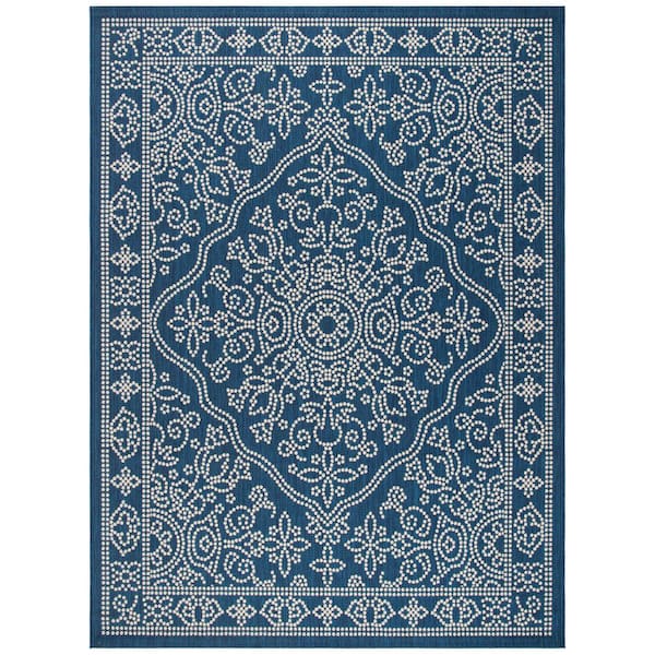 Courtyard Navy/Beige 8 ft. x 11 ft. Traditional Ornate Floral Indoor/Outdoor Area Rug