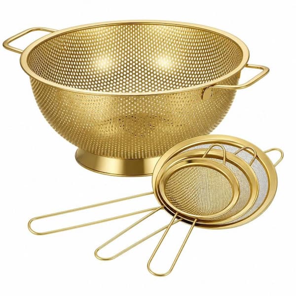 Fine Mesh Kitchen Series Gold Stainless Steel 4-Piece Colander Strainer Set - Easy Clean with Handles for Pasta and Rice