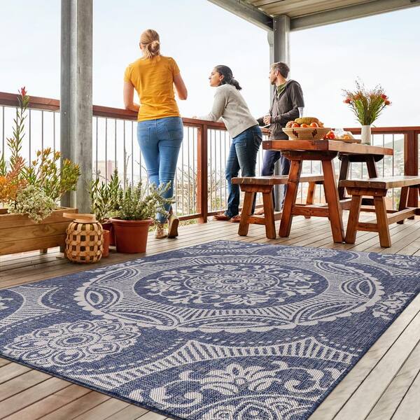 Outdoor Rug - Modern Area Rugs for Indoor and Outdoor patios, Kitchen and  Hallway mats - Washable Outside Carpet (5x7, Medallion - Blue/White)