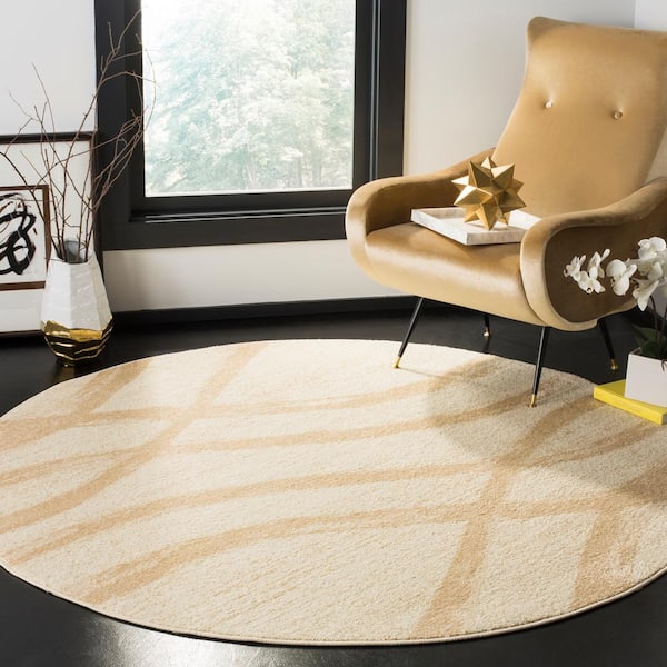 Adirondack Cream/Champagne 4 ft. x 4 ft. Round Striped Area Rug