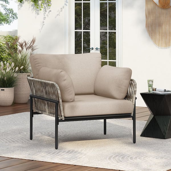 Unbranded 1-Piece Gray Metal Outdoor Lounge Chair with Beige Cushion