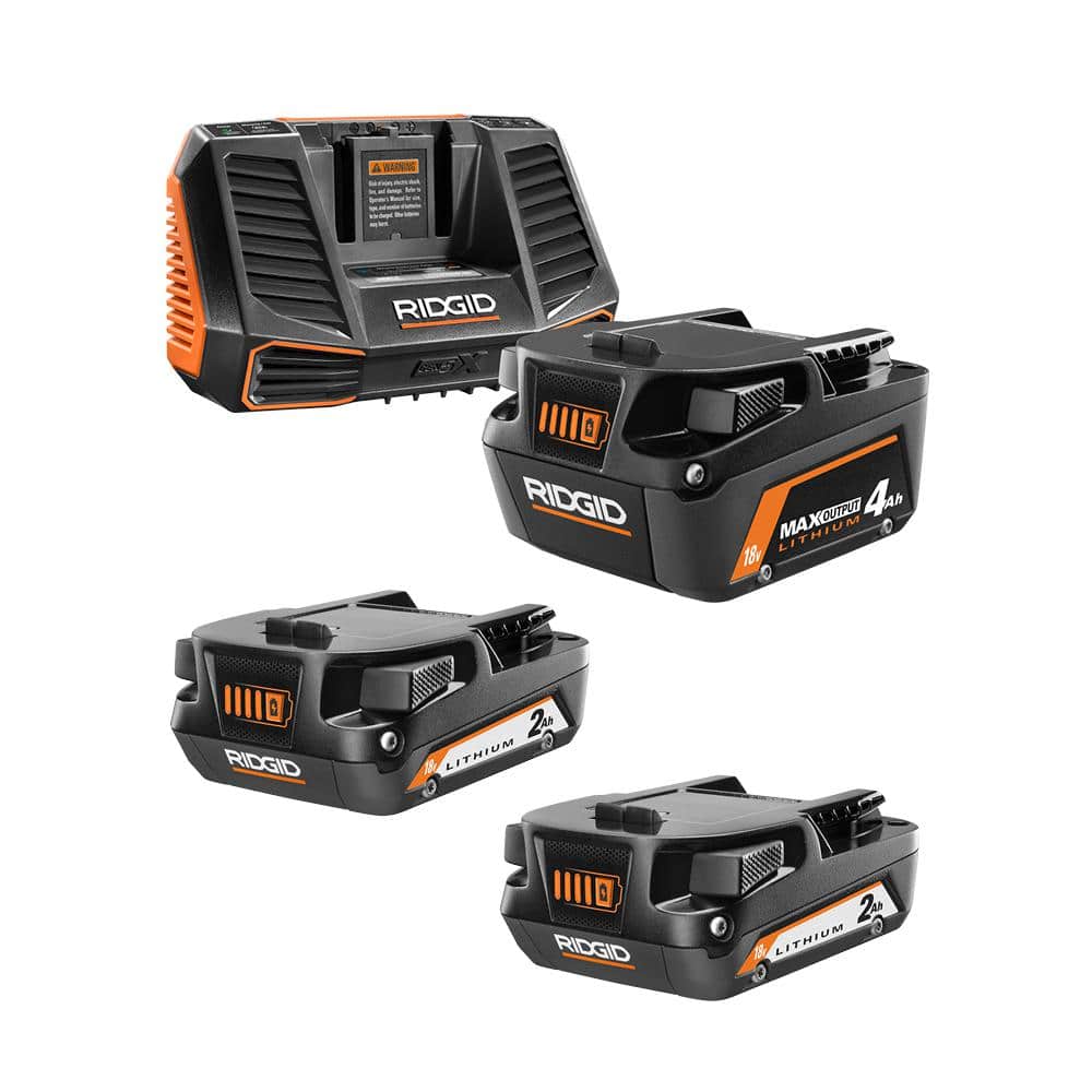 RIDGID 18V 2.0 Ah Compact Lithium-Ion Batteries (2-Pack) with MAX Output 4.0 Ah Battery and Charger Kit -  8400802P9540