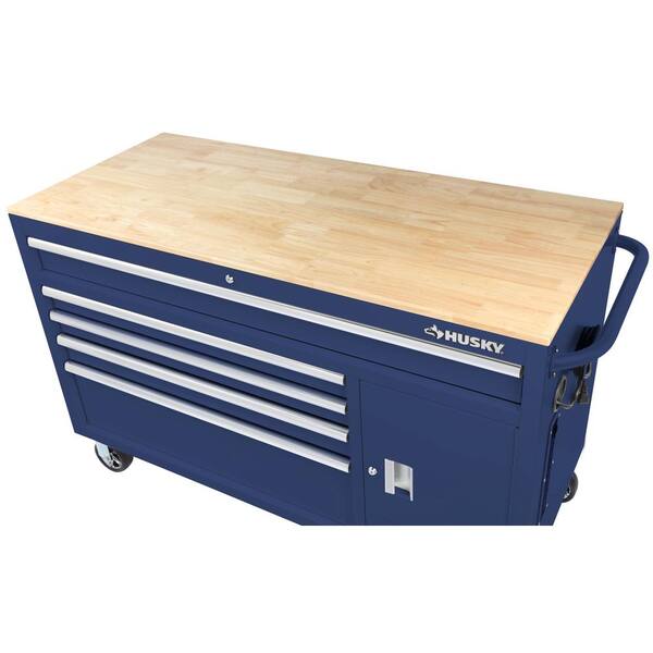 56 in. W 5-Drawer 1-Door, Deep Tool Chest Mobile Workbench in Gloss Blue with Hardwood Top 56 in. W 5-Drawer 1-Door, Deep Tool Chest Mobile Workbench in Gloss Blue with Hardwood Top