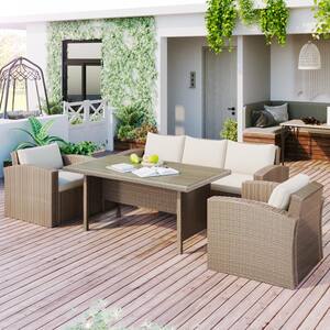 Beige Brown 4-Piece PE Wicker Outdoor Patio Furniture Conversation Set Sofa Set with Beige Cushions