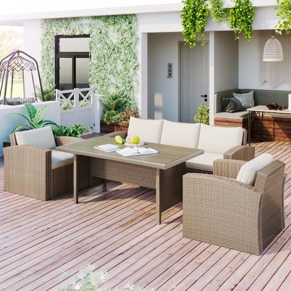 Harper & Bright Designs Brown 4-Piece Wicker Outdoor Sectional Set with Beige Cushions