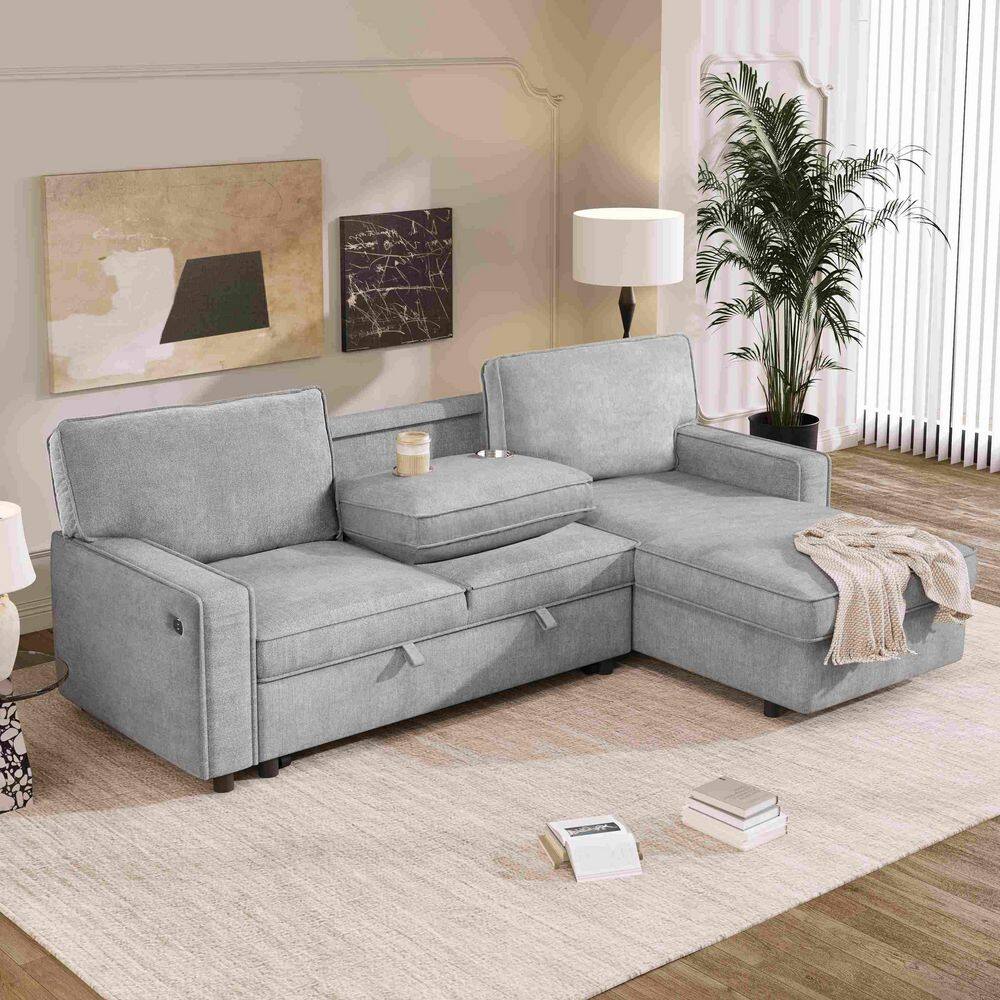 89 in. Square Arm Polyester Sectional Sofa with Storage Space, USB port, 2 cup holders in. Gray