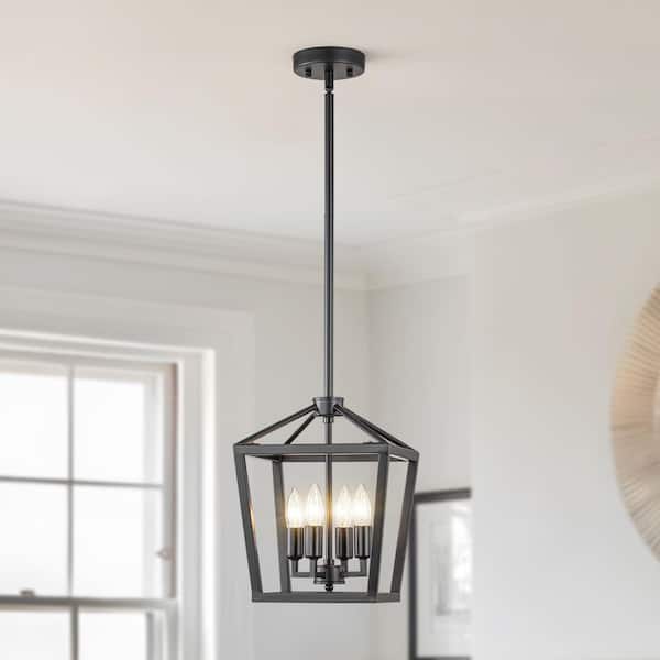 TinHon Modern Black 4-Light Pendant Light with Open Geometric Frame for Kitchen Island, Entryway, or Dining Room