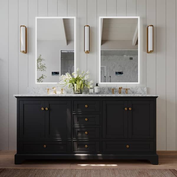 Ancerre Designs Audrey 72 in. W x 22 in. D Bath Vanity in Black Onyx with Marble Vanity Top in White with White Basin and Gold Hardware