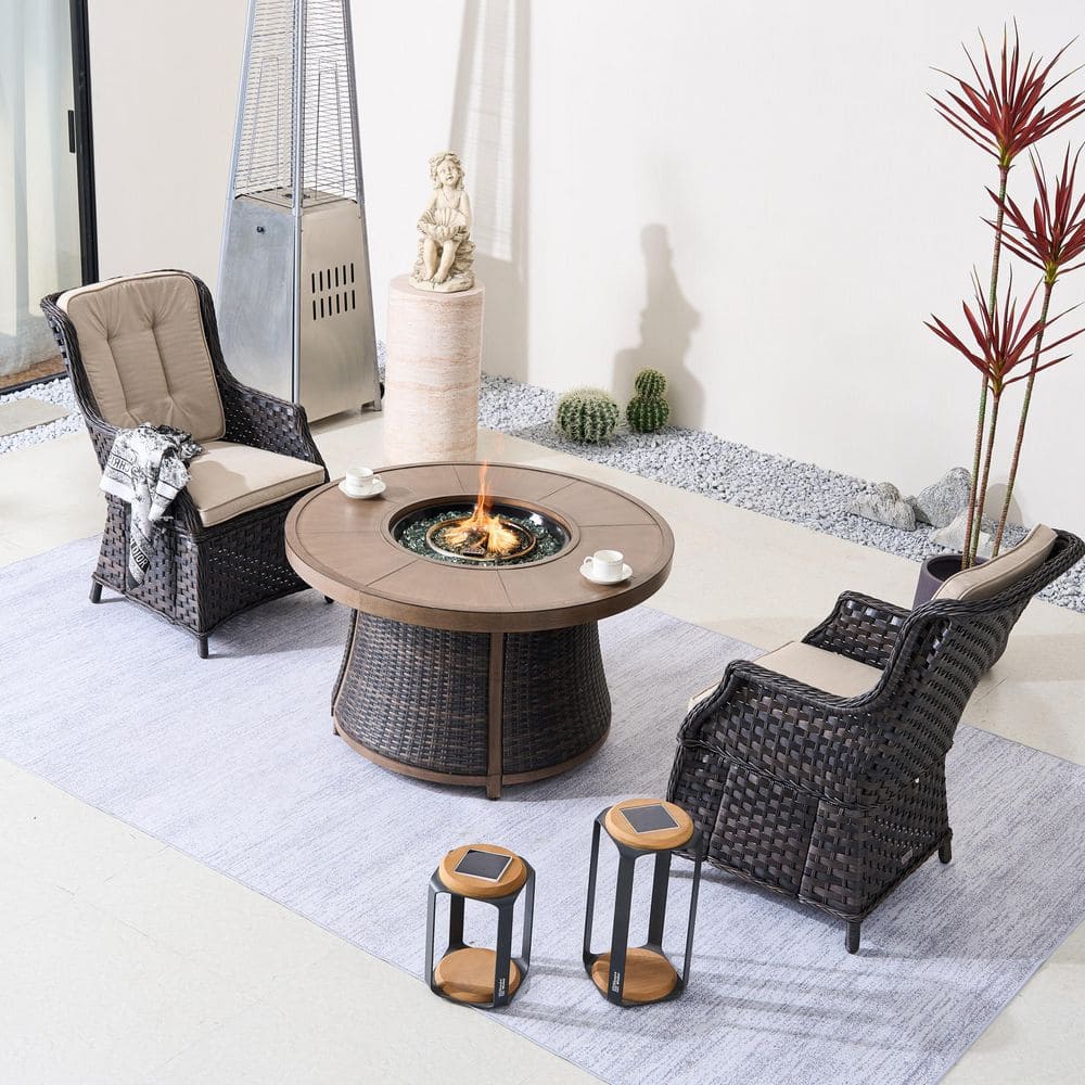 Asta 3-Piece Brown Wicker Aluminum Outdoor Fire Pit Set with Beige Cushions