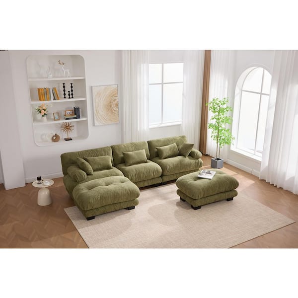 118 in. Bolster Armrest Pillows 3-Seater Pelletized Velvet U Shape Modular Sectional Sofa with 2 Ottomans in Olive Green